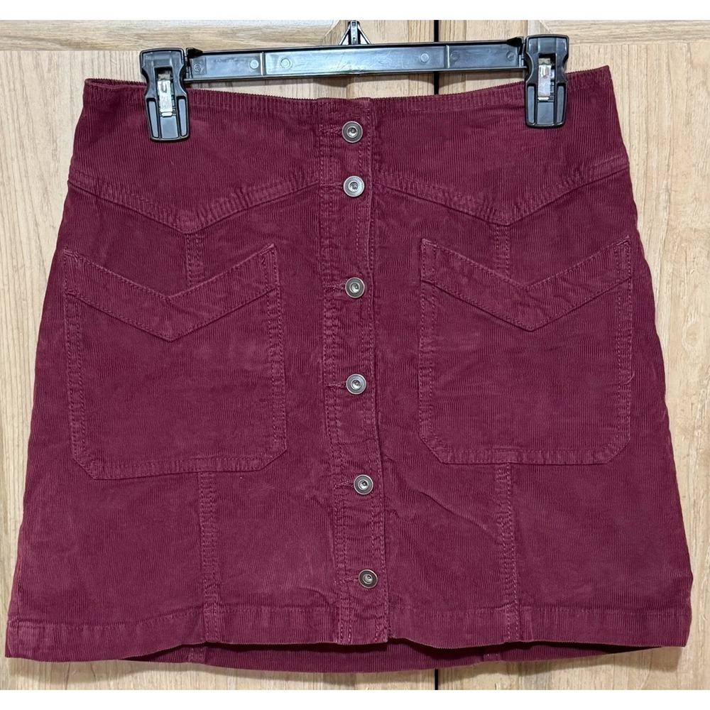 Free People Corduroy Mini Skirt Womens Sz 4 Maroon Button Front Closure Boho Y2K